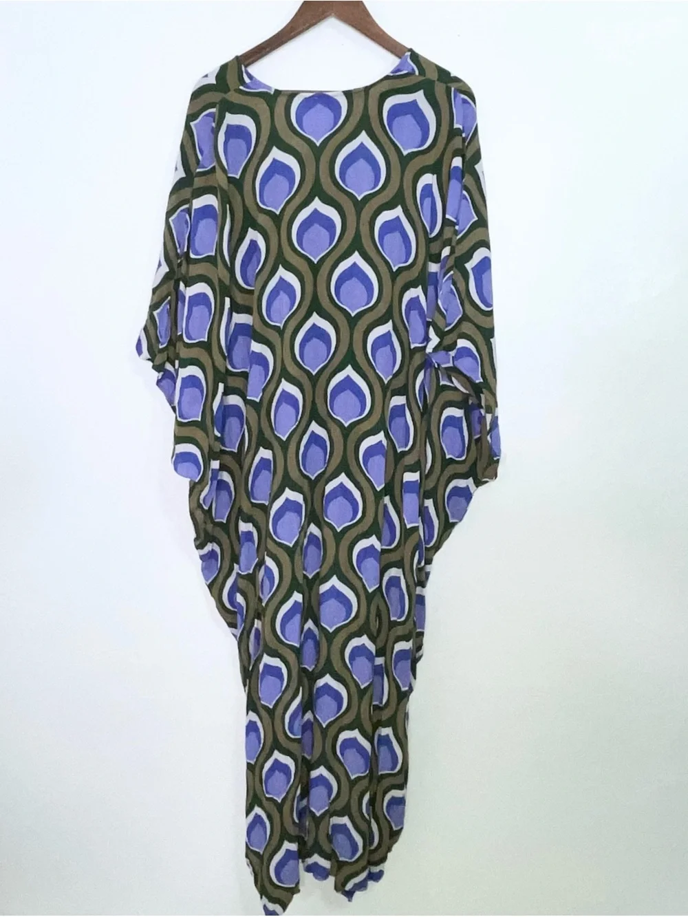 Free People Groovy Baby Maxi Kaftan Dress Olive Periwinkle Retro Mod 70s Boho